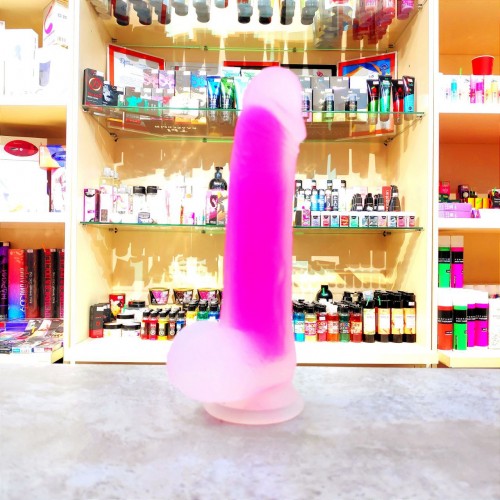 Прозрачно-розовый фаллоимитатор, светящийся в темноте, Tony Glow - 20 см.