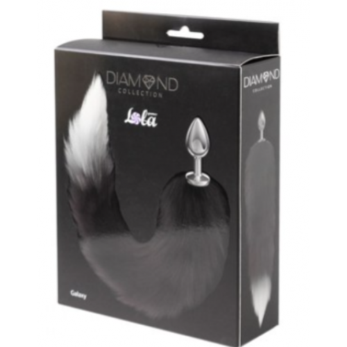 Серебристая анальная пробка с черным хвостом Galaxy