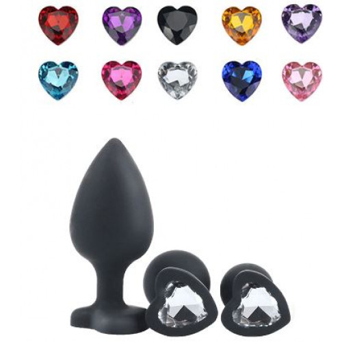 Анальная ювелирка Черный сердце силикон размера S  (цвет камня в ассортименте)