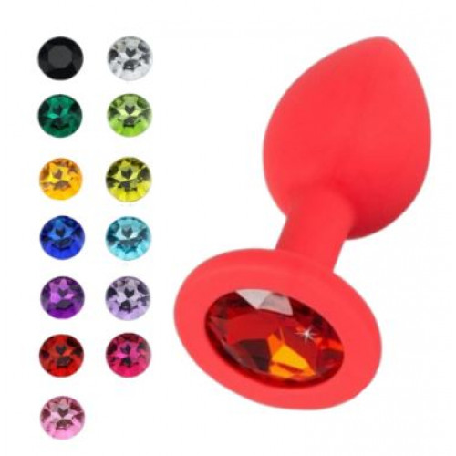Анальная ювелирка Красный силикон размера М (цвет камня в ассортименте)