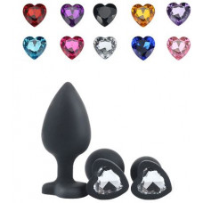 Анальная ювелирка Черная сердце силикон размера М (цвет камня в ассортименте)