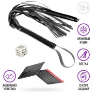 Игра Плётка и кубик в наборе для двоих «50 оттенков страсти» 3 в 1 (10 карт, плётка (цвет микс), 1 неоновый кубик)